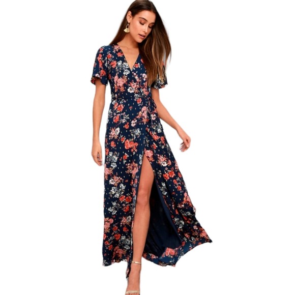 Lulus Dresses & Skirts - Lulus Divine Days Navy Blue Floral Print Wrap Maxi Dress Small